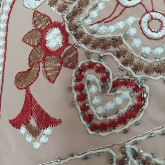 VERTE Embroidered Mini Skirt Pleather Faux Leather Pink Boho Chic Large - Picture 3 of 11